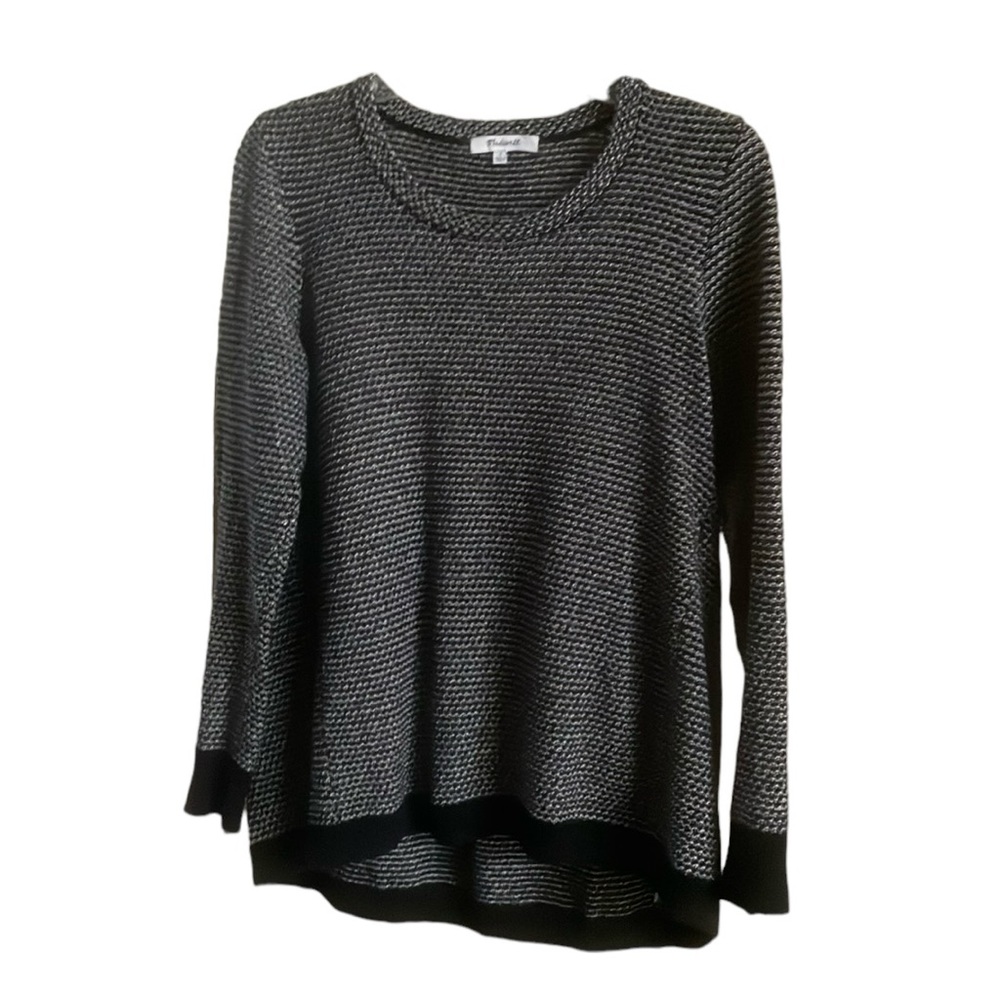 Madewell High Low Long Sleeve Cotton Sweater Black And Cream Size Small